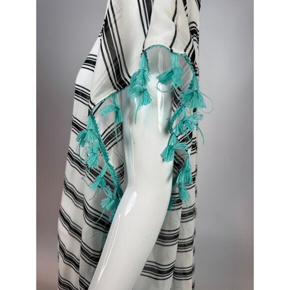 Black & White Striped Lightweight Kaftan With Tassels One Size 100% Polyester Wo - Picture 4 of 16